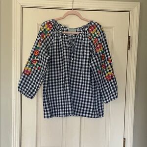 Skies are Blue Blues is Gingham Blouse with Floral Embroidery—Size Large